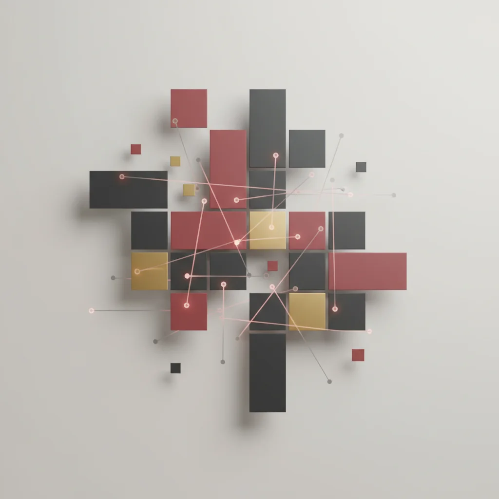 Symbolic editorial 16:9 illustration representing design chaos, structural misalignment, and fragmented pathways