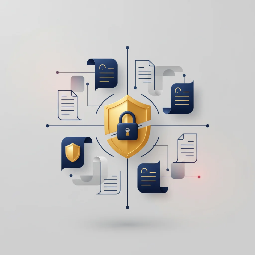 Minimalist 16:9 illustration representing structured legal frameworks, locks, and checkmarks integrated into a base element