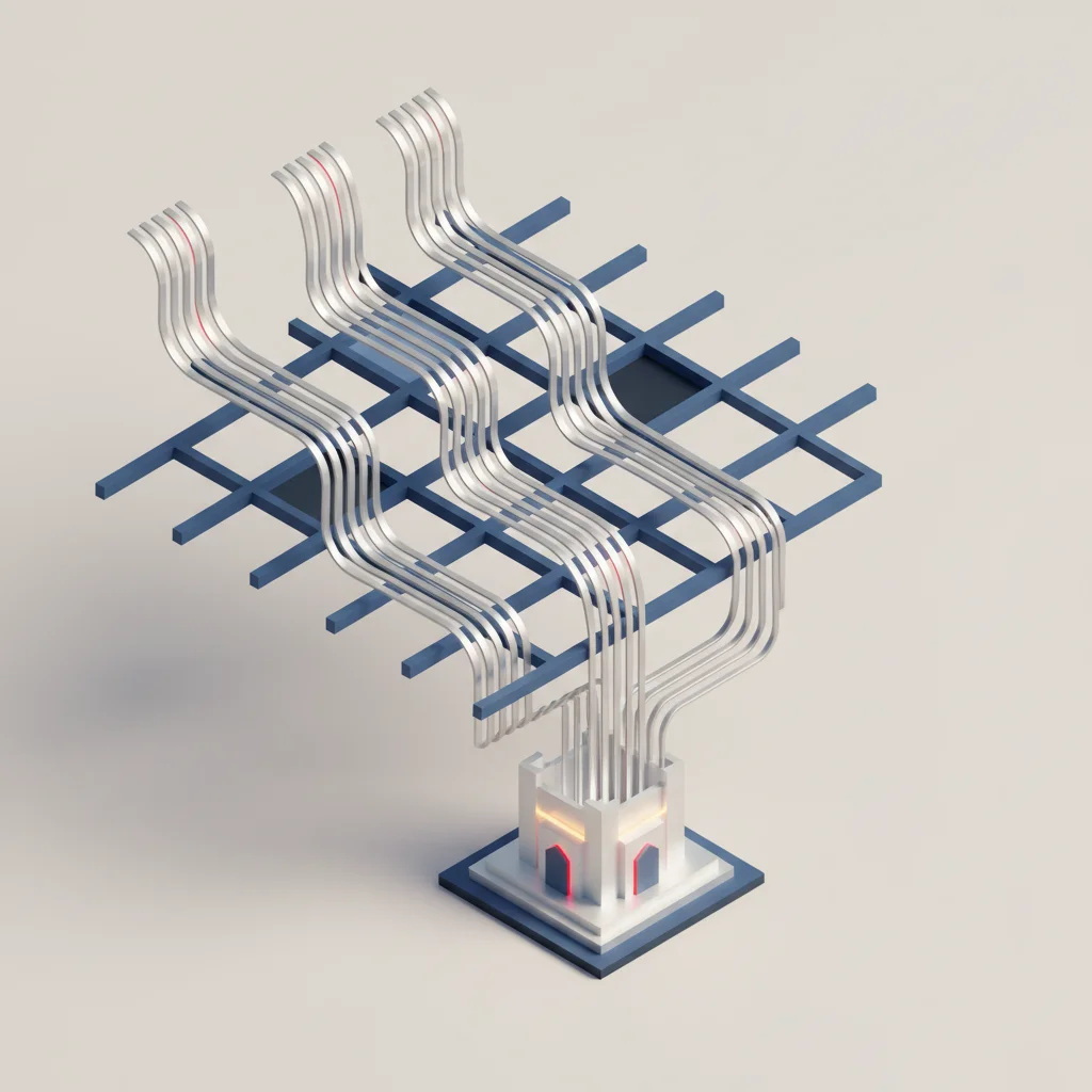 Minimalist 16:9 symbolic editorial illustration of light trails flowing down a structured page layout and gathering in a secure base anchor