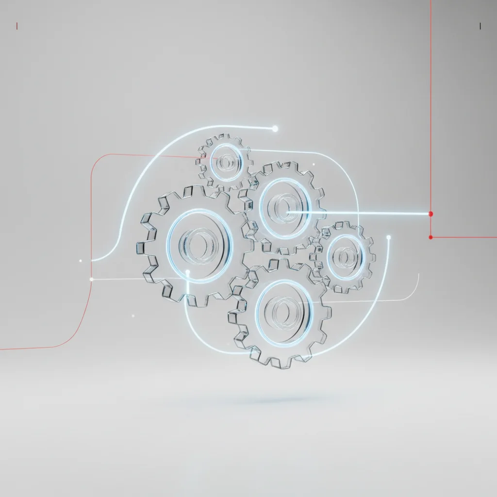 Abstract glass gears and light beams symbolizing workflow automation
