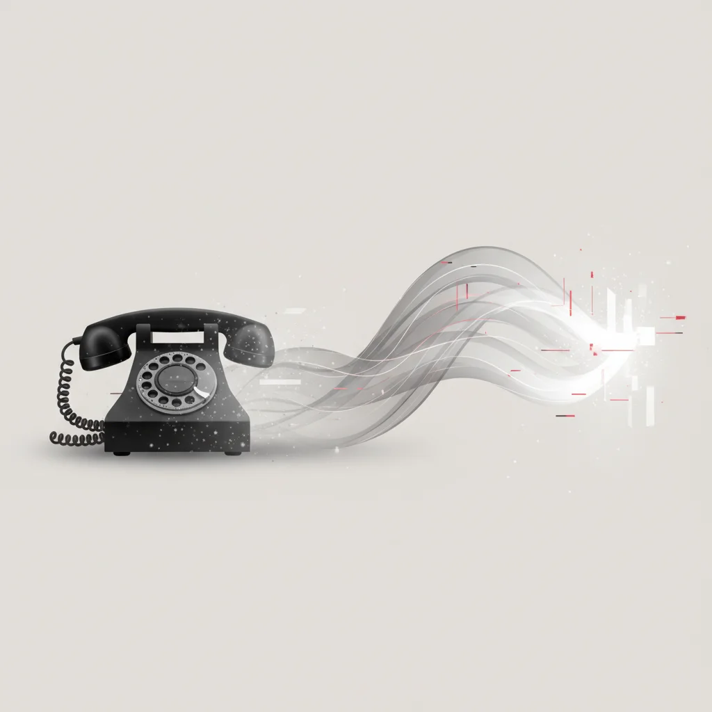 Minimalist editorial transition from old rotary phone to glowing digital wave