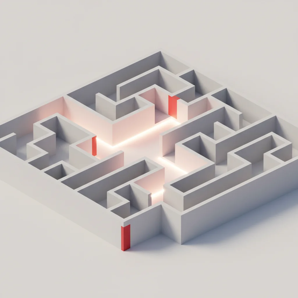 Architectural maze with a single illuminated path