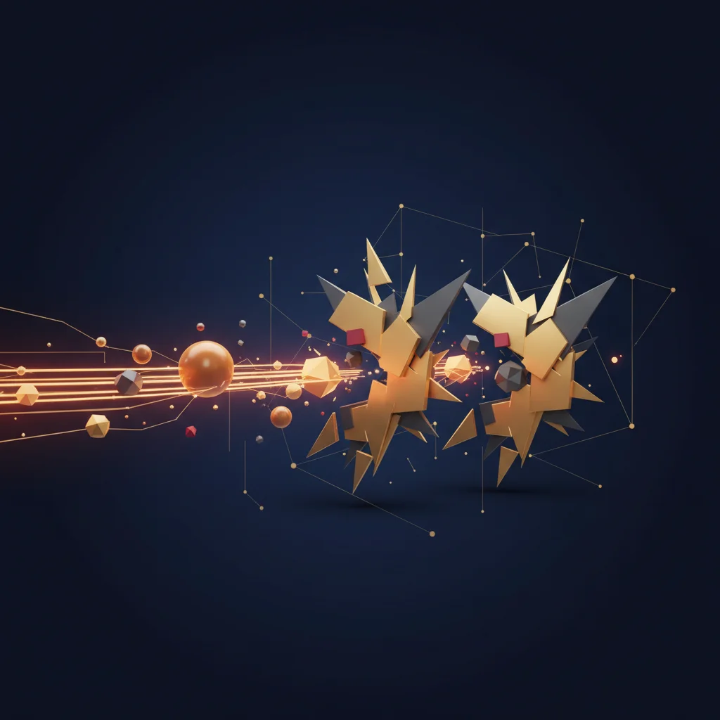 A symbolic editorial illustration representing security threats as abstract geometric obstacles being bypassed by a secure stream of data