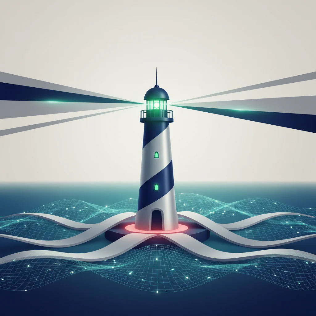 A symbolic corporate illustration of a lighthouse illuminating dark ocean waters with digital grid lines