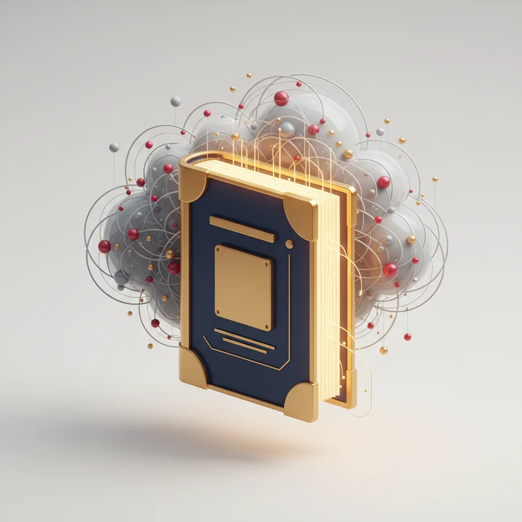 A symbolic corporate illustration of a glowing digital library or book transformed into network strands