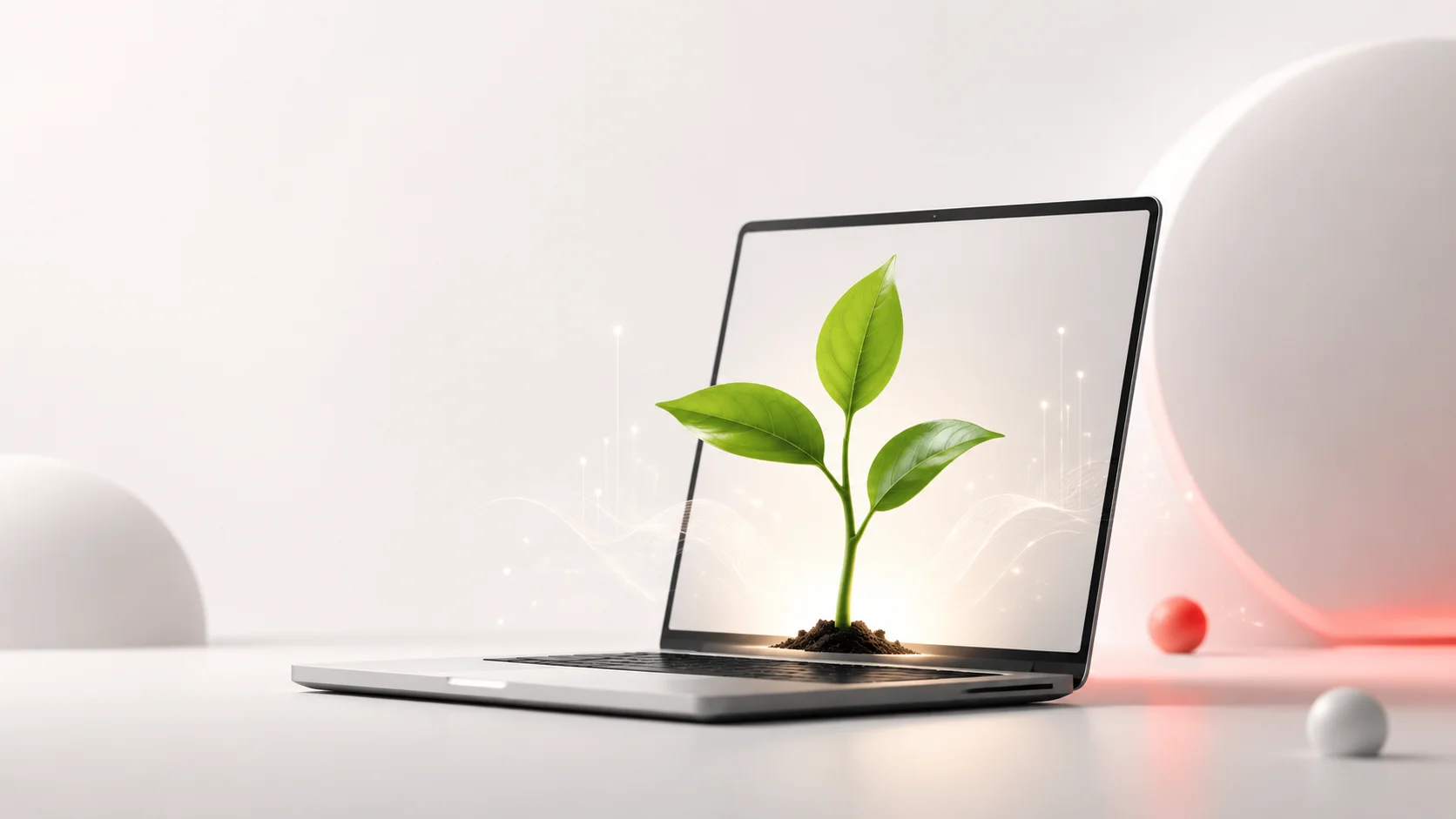 Bilgisayar ekranından büyüyen yeşil bir bitkiyi ve finansal artışı simgeleyen modern minimalist illüstrasyon