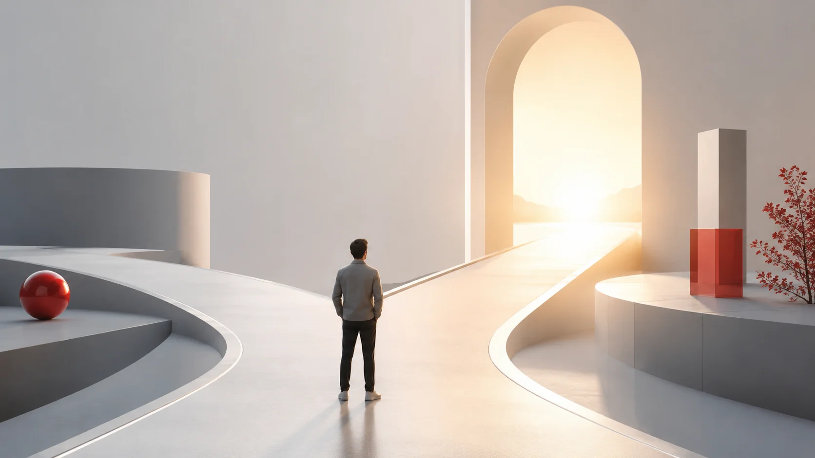 Modern minimalist kurumsal ortamda ışıklı bir geleceğe bakan profesyoneli temsil eden editoryal illüstrasyon