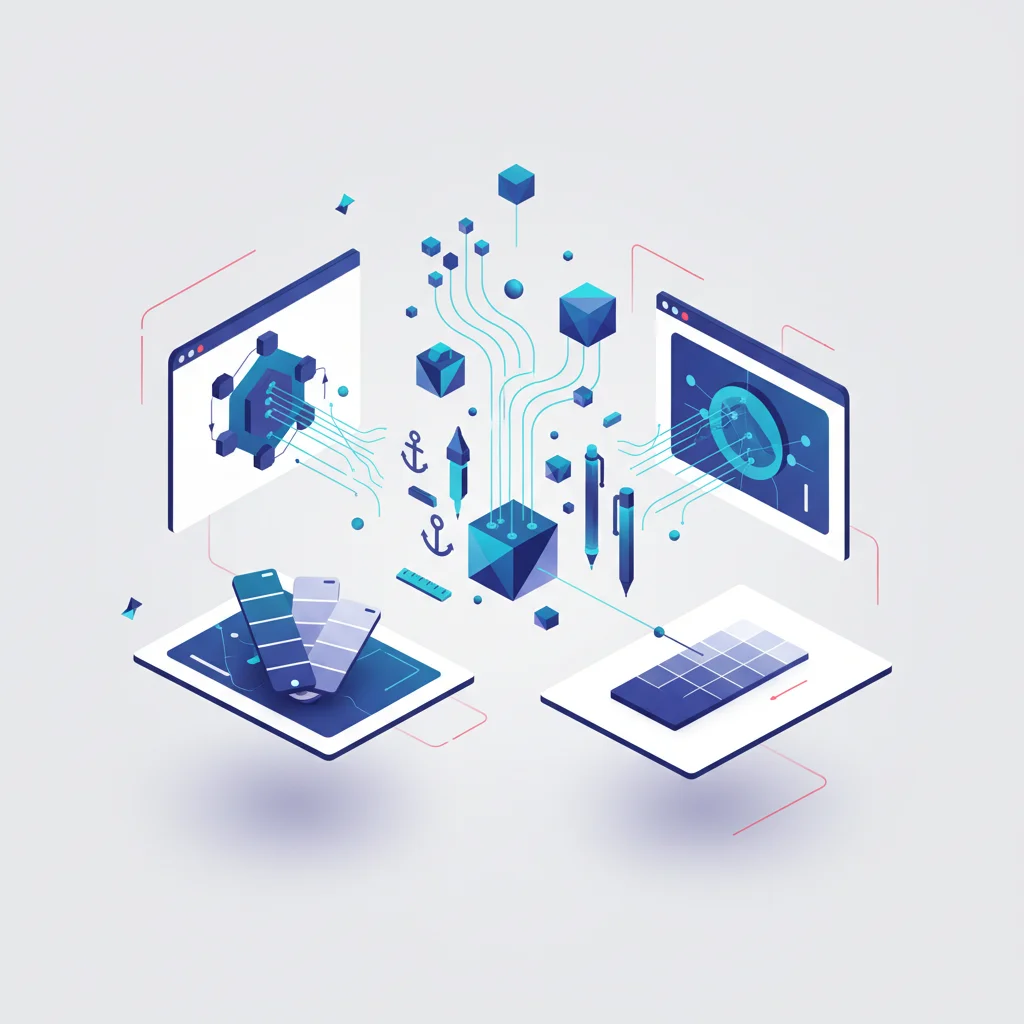 A symbolic editorial illustration showing the integration of generative AI into digital graphic design workflows