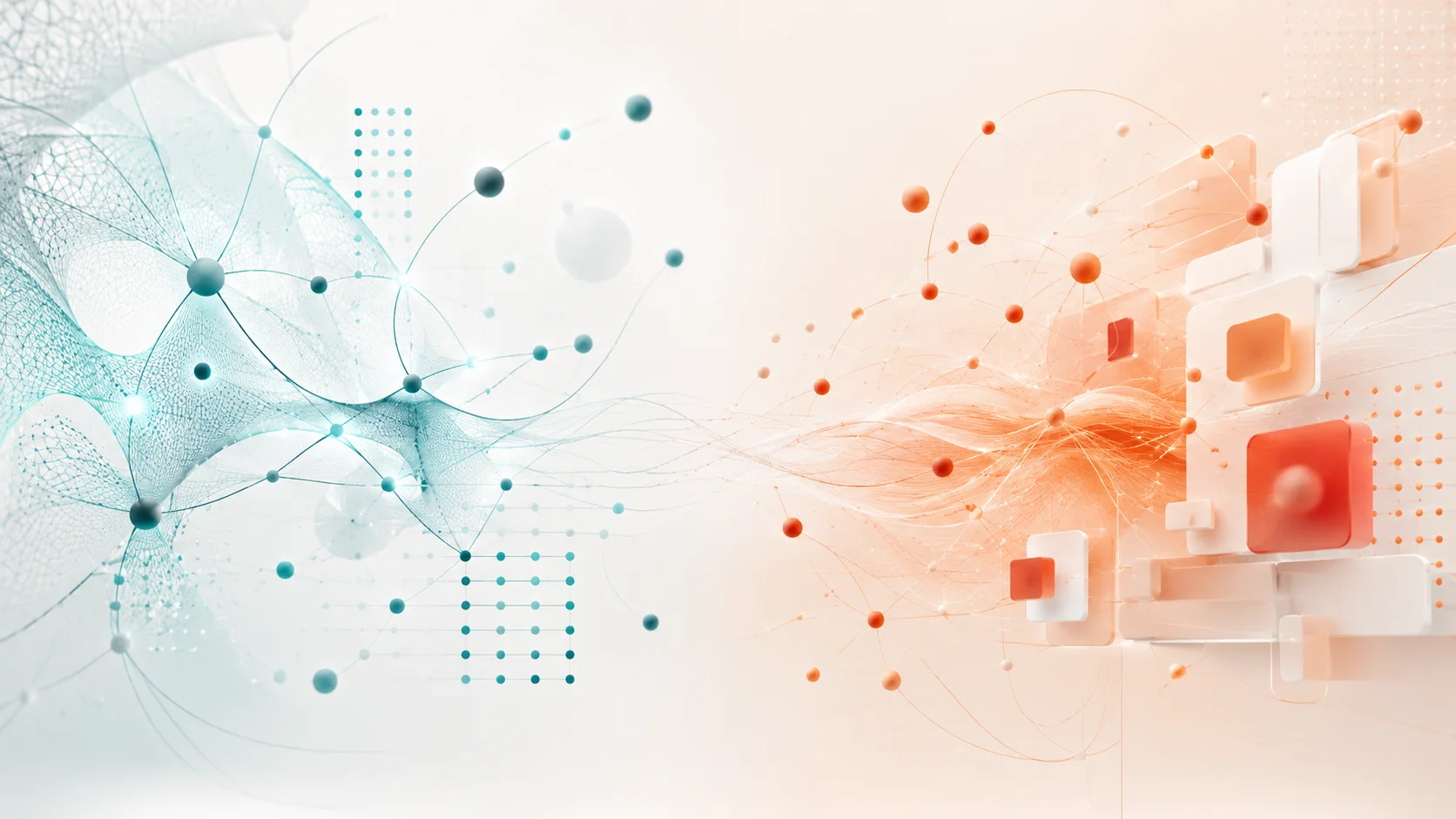 A symbolic split editorial illustration representing data/AI concepts on one side and dynamic web/interactive elements on the other side, in 16:9 ratio.