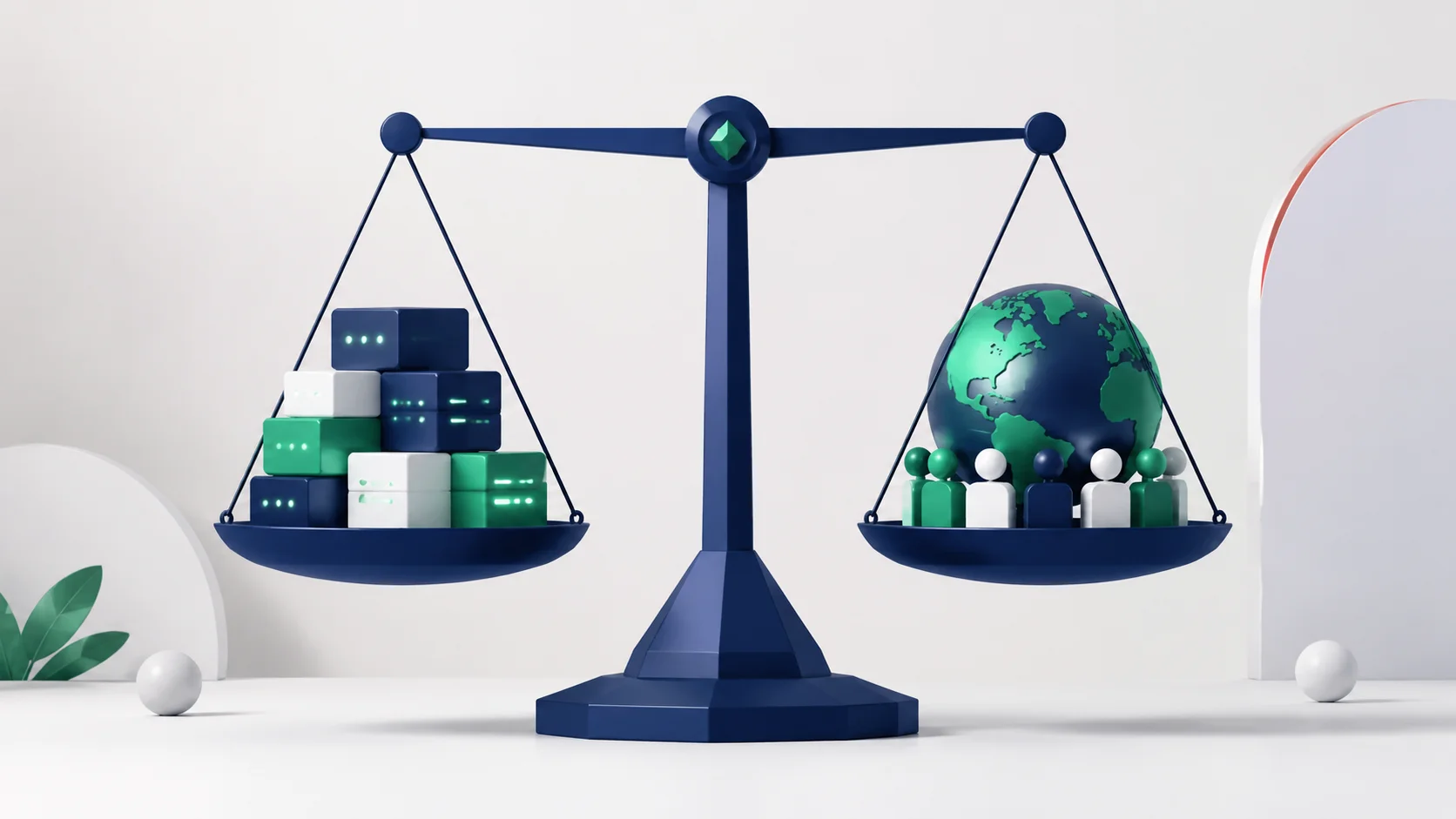 A professional editorial illustration of stylized balancing scales comparing syntax simplicity and ecosystem depth in 16:9 ratio.