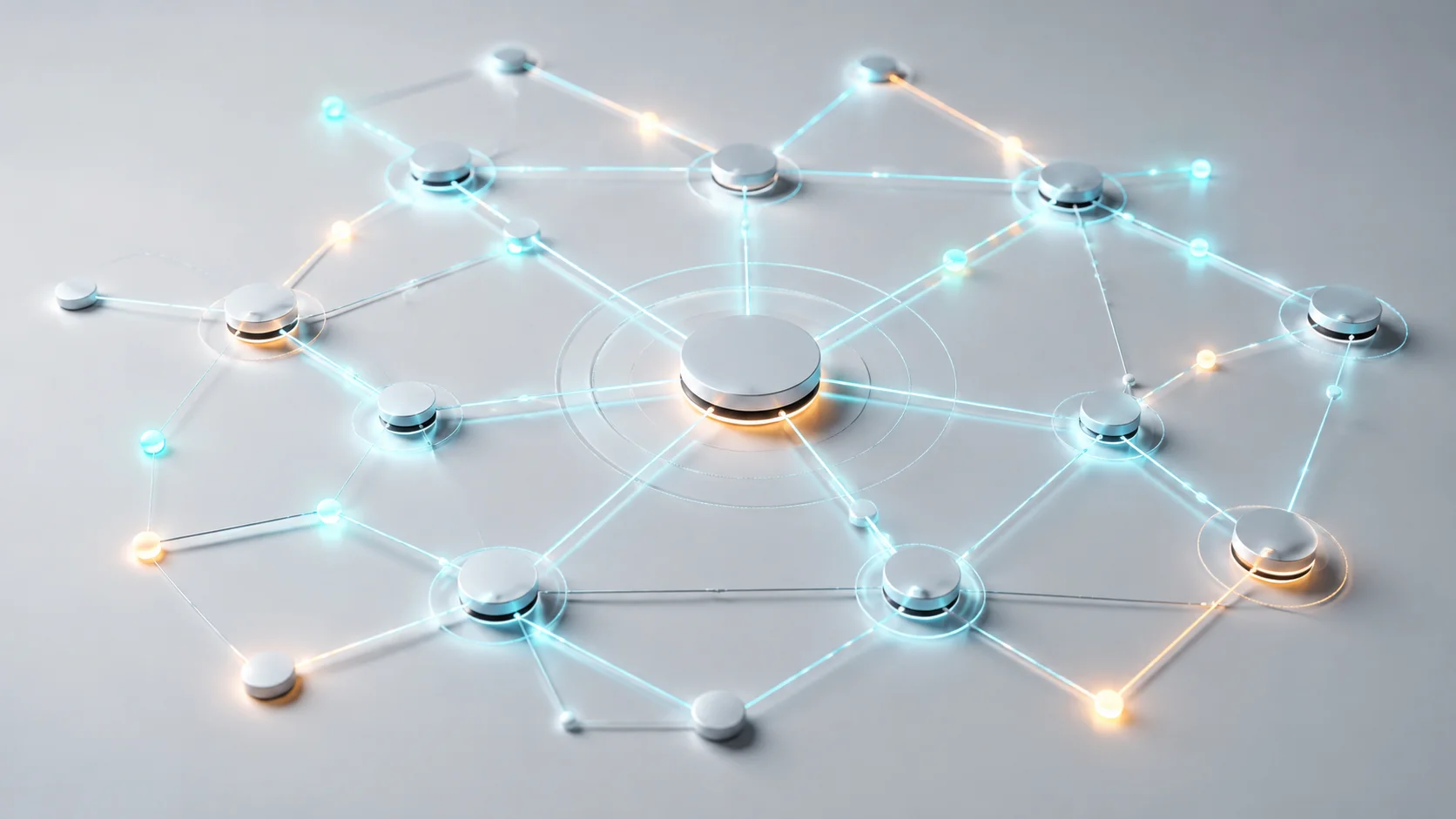 An abstract editorial illustration showing structured nodes connected by glowing lines representing a strategic tech roadmap, in 16:9 ratio.
