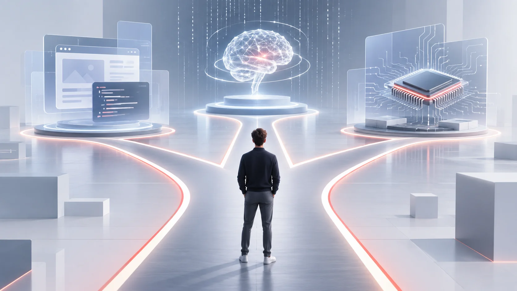 A symbolic editorial illustration representing software engineering paths, conceptual crossroads, and code structures, with 16:9 ratio.